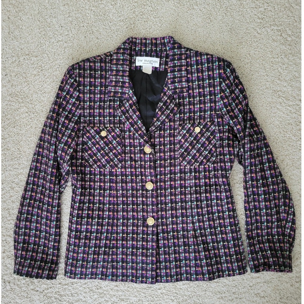 Vintage Lew Magram Multicolor Tweed Blazer Gold Buttons Statement Jacket Size 14